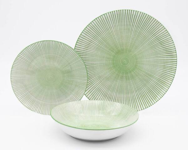 Godinger Laura Green Porcelain 12‑Piece Dinnerware Set, Service for 4 – Green & White Starburst Design,