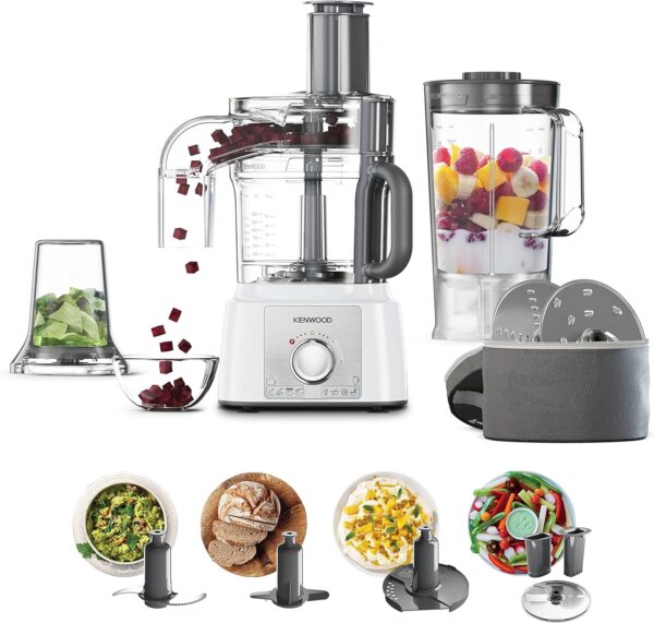 Kenwood FDP65 860WH food processor with 9 attachments Express Serve and Dice, 1 5L Jug blender and mini chopper, White
