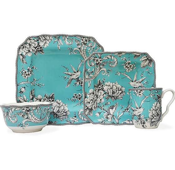 222 Fifth Adelaide 16 Piece Porcelain Dinnerware Set with Square Plates, Bowls, and Mugs, Turquoise