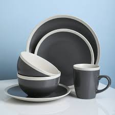 Stone Lain Serenity 16 Piece Stoneware Round Dinnerware, Service for 4, 2 Tone, Dark Gray Cream