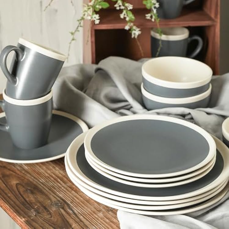 Stone Lain Serenity 16 Piece Stoneware Round Dinnerware, Service for 4, 2 Tone, Dark Gray Cream Image 2