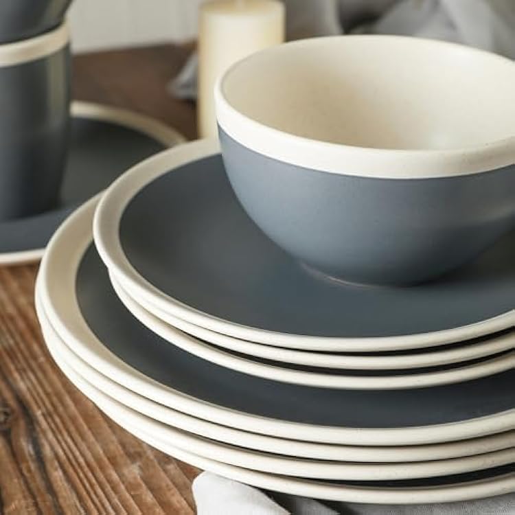 Stone Lain Serenity 16 Piece Stoneware Round Dinnerware, Service for 4, 2 Tone, Dark Gray Cream Image 3
