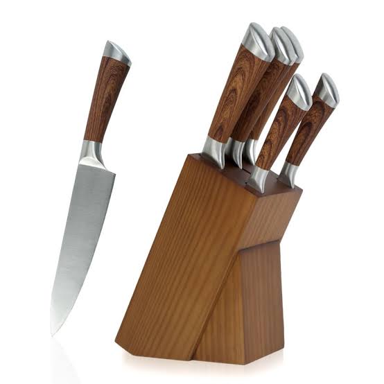 Royalford 5 Piece Kitchen Knife Wood Coating Handle with Wooden Knife Holder