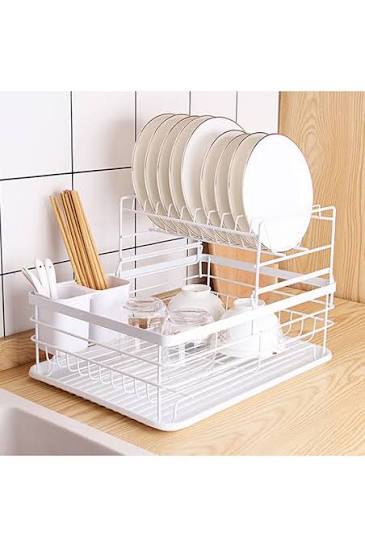 Living and Home Kitchen 2 Tier Metal Dish Drainer Rack Detachable Storage Drip Tray Sink Washing Plates Draining Board