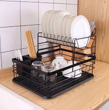 Kitchen 2 Tier Metal Dish Drainer Rack Detachable Storage Drip Tray Sink Washing Plates Draining Board